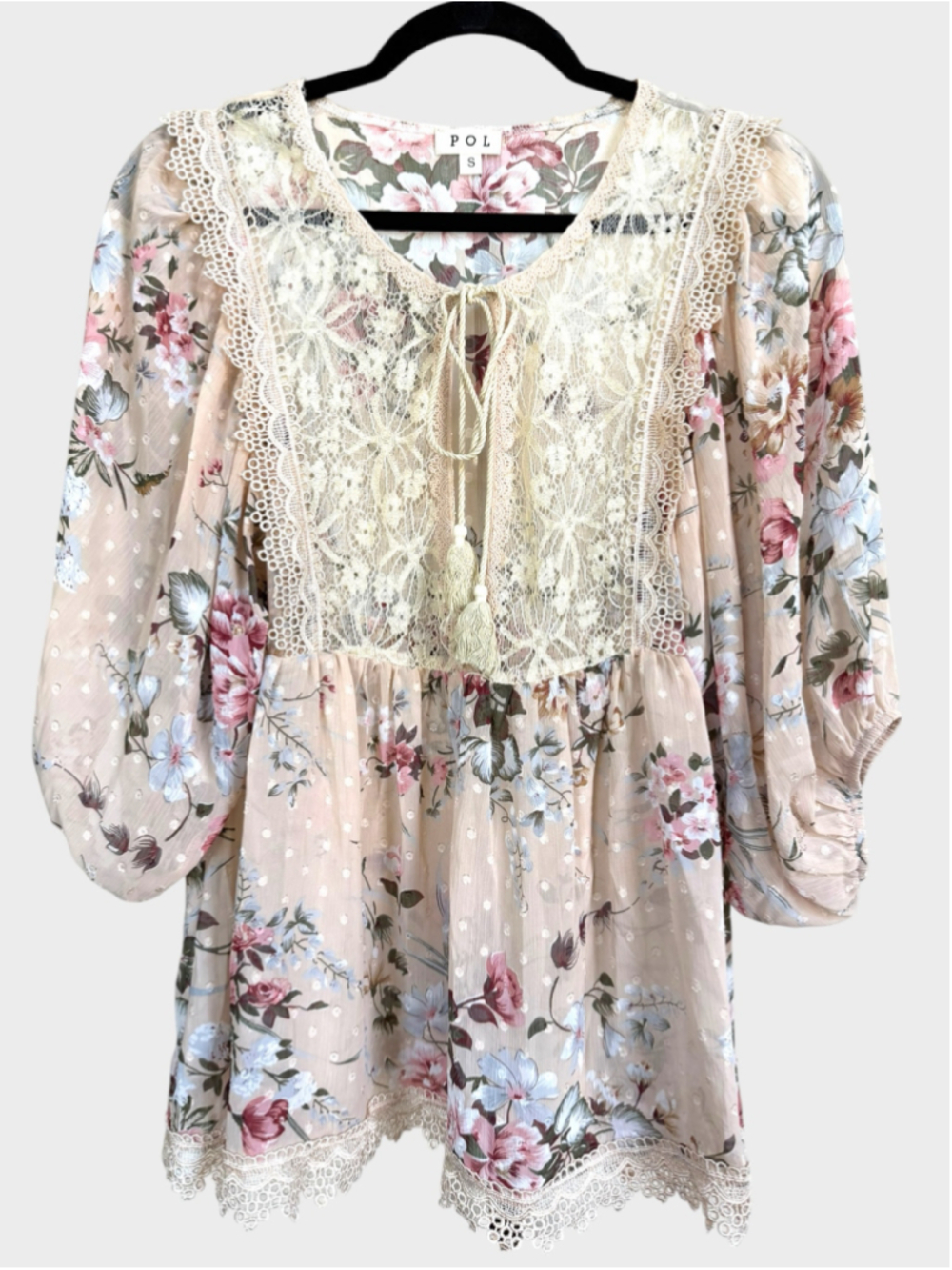 POL Floral Print Lace Detail 3/4 Sleeve Sheer Top Size S